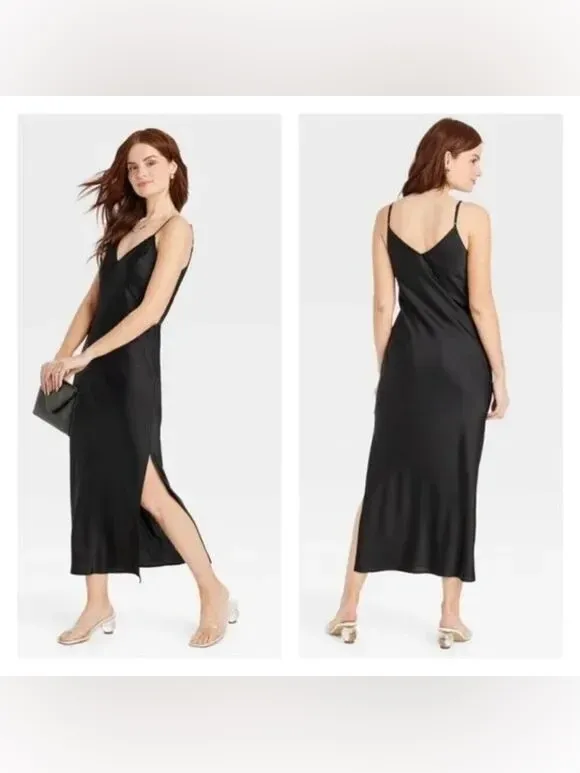 A NEW DAY Satin Cami V-Neck Sleeveless Midi Length Slip Dress in Black Size XL - Image 2