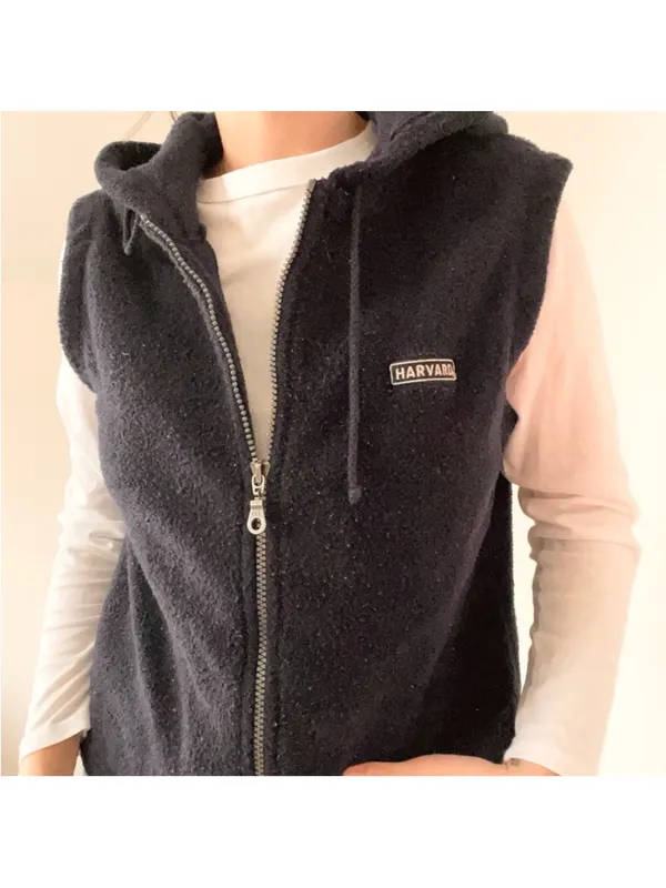 Vintage Harvard Navy Hooded Zip Fleece Vest - Image 2