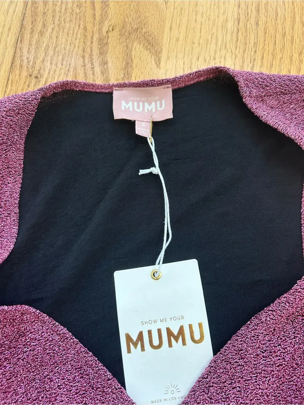Show‎ Me Your Mumu Kimora Mini Dress S Pink Shimmy Shine Metallic Wrap NWT - Image 5