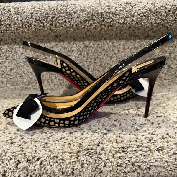 Christian Louboutin Suspenodo Glitter Flocked Patent PVC Sling 85 Pumps, size 38 - Image 6