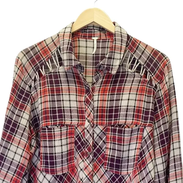 Free People Stitch Detail Plaid Boho Western Snap Shirt in Ash Combo Size Medium - Image 5