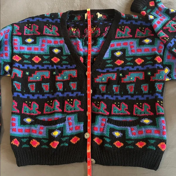 Vintage L.L. Bean Colorful Geometric Knit Cardigan Sz L - Image 7