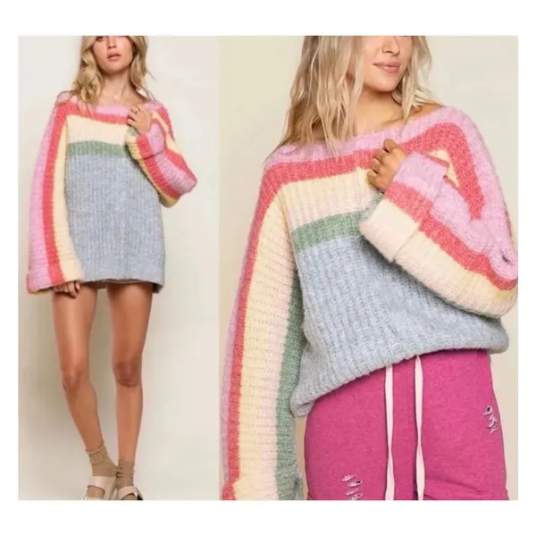POL Rainbow Confetti Oversized Stripe Knit Sweater Size L Gray Multicolor - Image 2