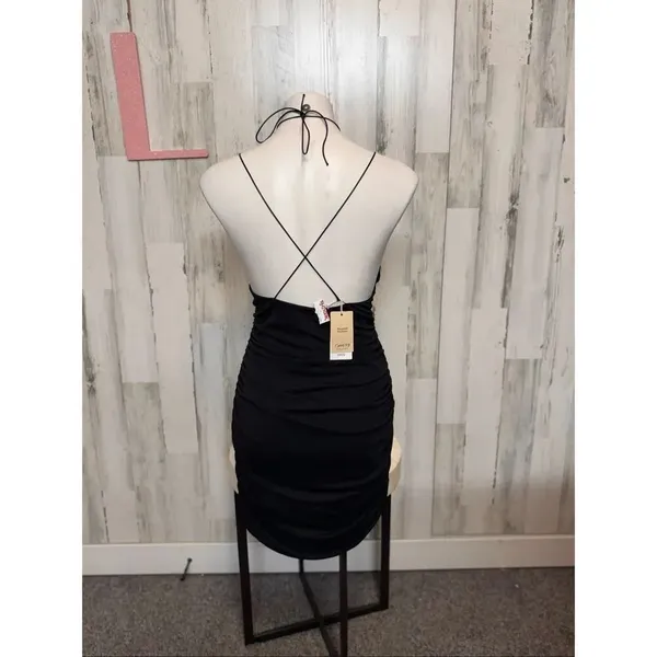 Black Ruched Bodycon Mini Dress Halter Neck Tie Back Stretchy Party Dress Size L - Image 7