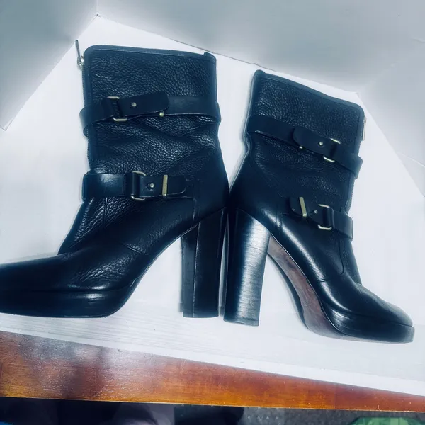 Coach Black Pebbled Leather Moto Boots Double Buckle Platform Block Heel Sz 10B - Image 6