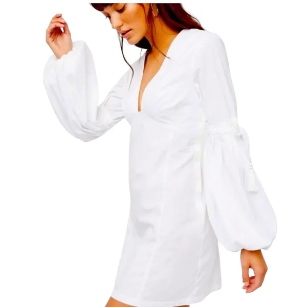 Free People Dress Womens XS White V-Neck Balloon Sleeve Mini Tassel Summer Boho - Image 8