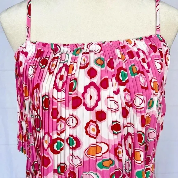 TCEC Pleated Tiered Circle Print Mini Dress Spaghetti Strap Pink Red White M - Image 5