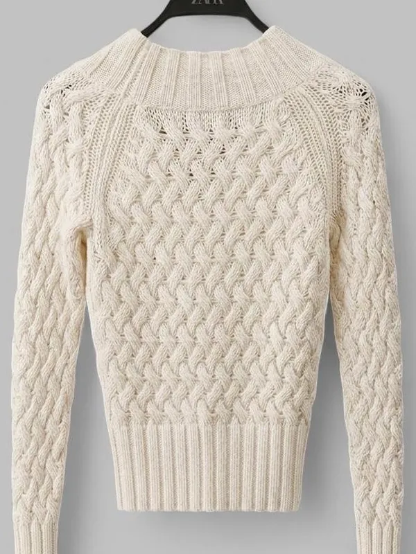 Banana Republic White Cable Knit V-Neck Sweater - Image 3