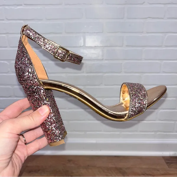 Rose Gold Glitter Strappy Block Heels Pink Size 8 - Image 7