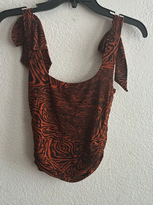 Free People Rust Zebra-Print Ruffle Strap Square Neck Crop Top S - Image 9