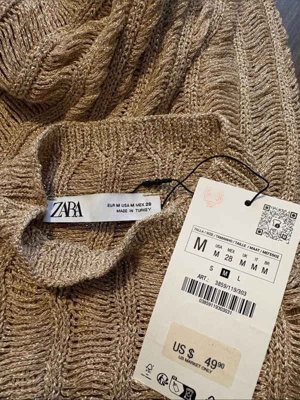 NEW Zara Medium Gold Metallic Open Knit Longline Pullover Sweater NWT - Image 4
