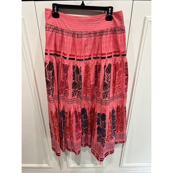 Bloomingprint Anthropologie Pink Floral Block Print Tiered Midi Skirt Boho - Image 2