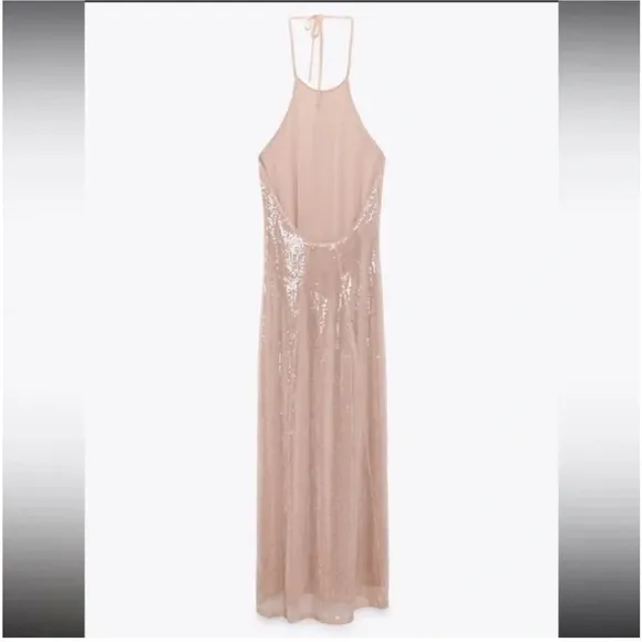 ZARA NWOT Sequin Long Open Back‎ Halter Dress Size Medium - Image 3