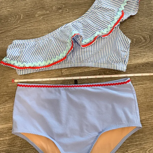 J. Crew seersucker one shoulder ruffle bikini set high waisted blue white Medium - Image 12