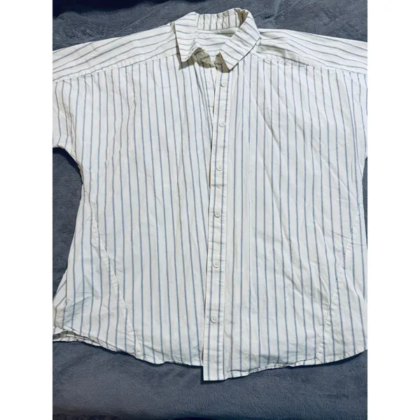 Source Unknown Pin Stripes Cream & Navy Women SZ XS Oversize 100% Cotton Causal‎ Short Sleeve - Image 2