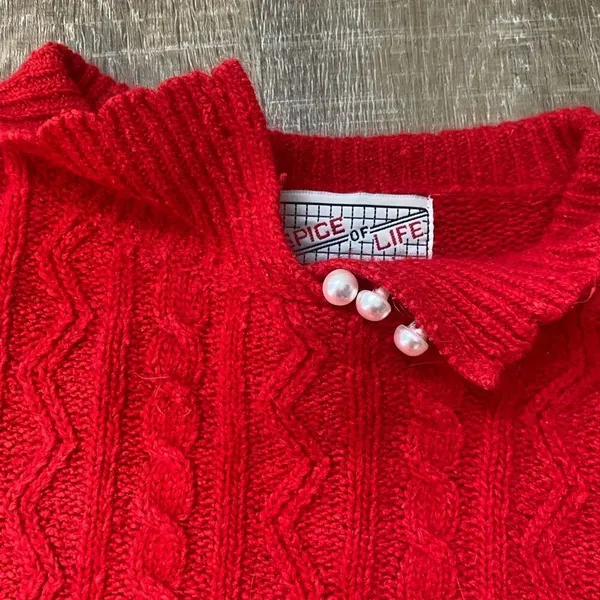 80s Vintage Red Angora Silk Sweater M Cable Knit Pearl Buttons Retro Twee Preppy - Image 9