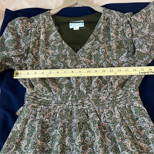 Love Riche Chiffon Olive Paisley Ruffle Long Sleeve Peasant Tiered Maxi‎ Dress M - Image 14