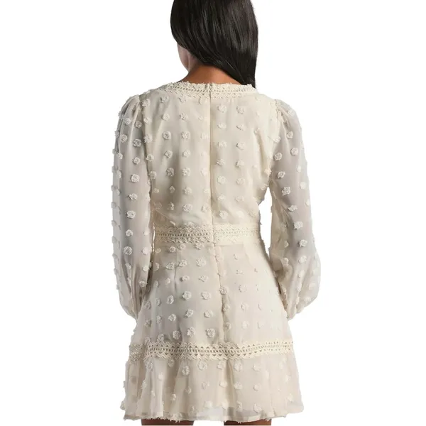 Lulus Might Be Magic Ivory Clip Dot Lace Long Sleeve Ruffle Mini Dress Small NWT - Image 4