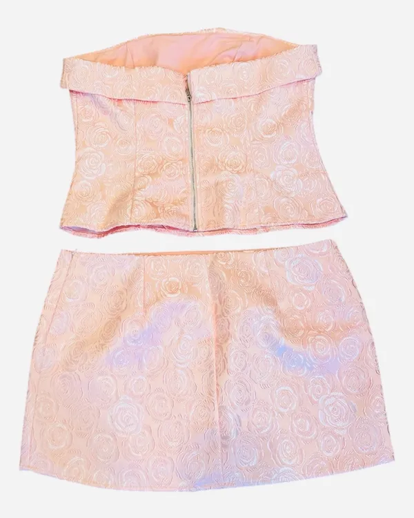 Revolve More to Come Pink Brocade Mini Skirt Strapless Top Set L Floral lined - Image 4