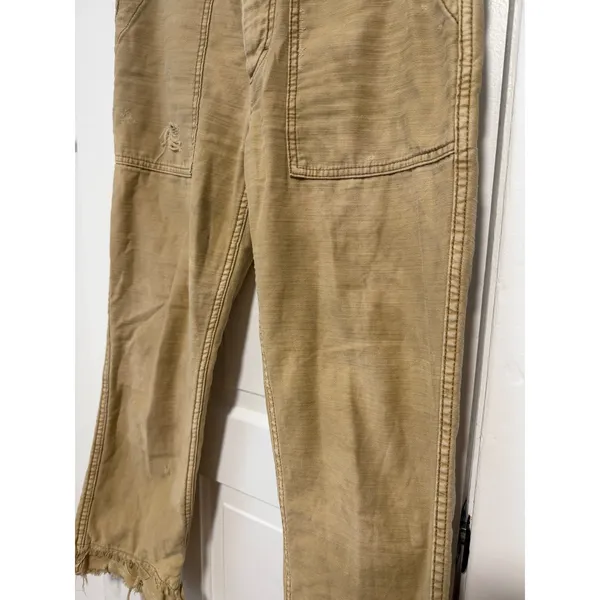 Free People Tan Distressed Utility Pants Frayed Hem Canvas Straight Leg Size 28 - Image 7