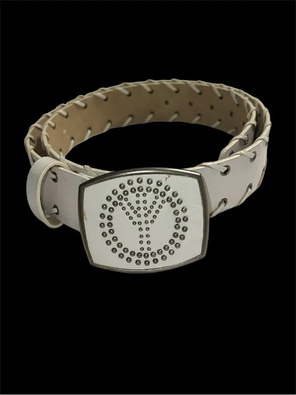 Groovy 70’s off white faux leather belt with awesome metal peace sign buckle! - Image 3