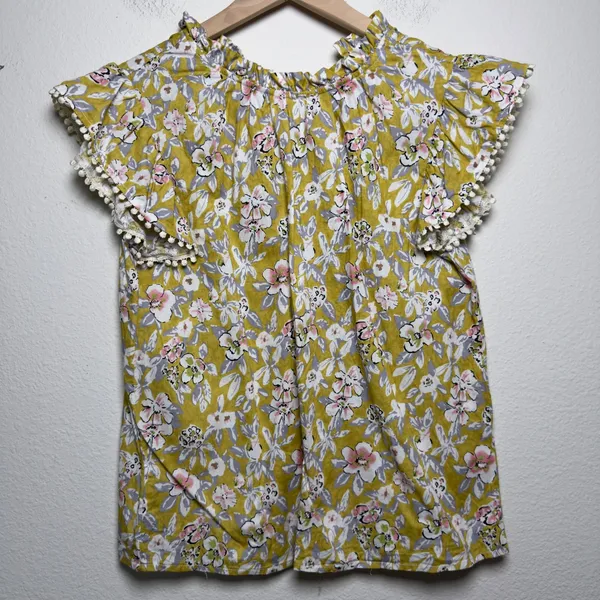 THML Women Cotton Top‎ XS Yellow Floral Ruffle Preppy Garden Party Spring - Image 3