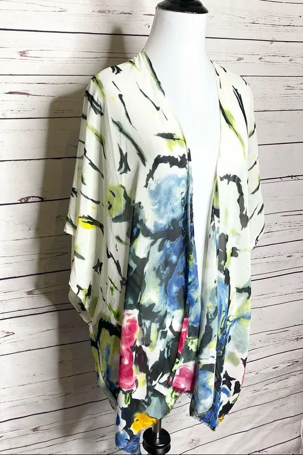 Multicolor Bohemian Abstract Floral Kimono Shawl Cover-Up Blouse Top One Size - Image 3