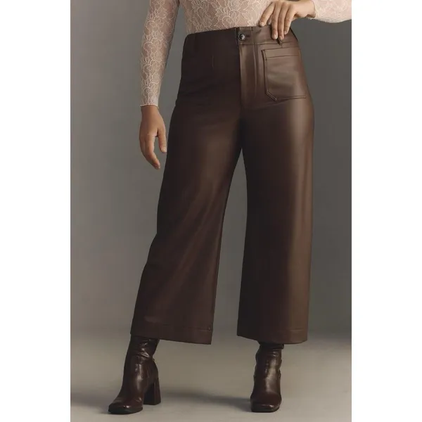 Anthropologie Wide-Leg Pants Brown Faux Leather Stretch Pockets Women's Tall 28T - Image 4