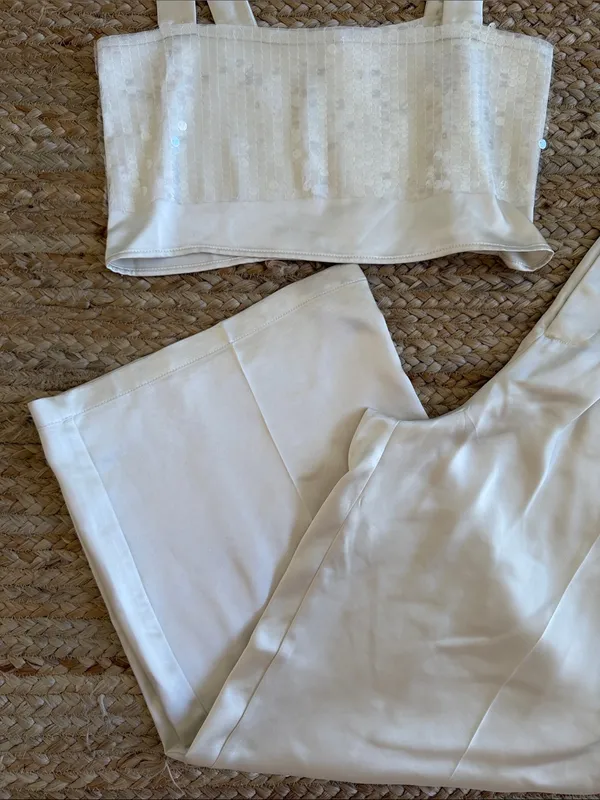 The Noli Shop Women's Cream Sequin Crop Top & High-Waist Pants Set - Image 3