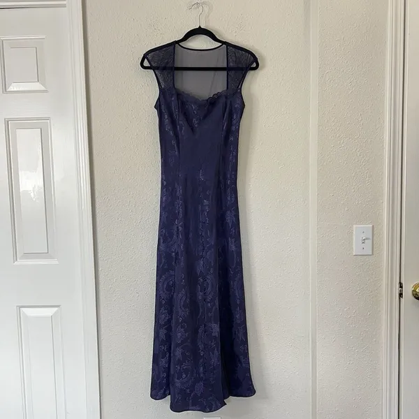 Vintage Gold Label Victoria’s Secret Navy Jacquard Satin Maxi Dress Goth Fairy M - Image 4