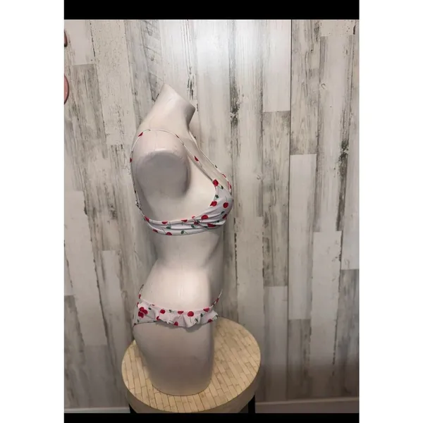 Cherry Print Bikini Set Women's Two Piece Ruffle Bottoms Adjustable Straps Size White - Image 6
