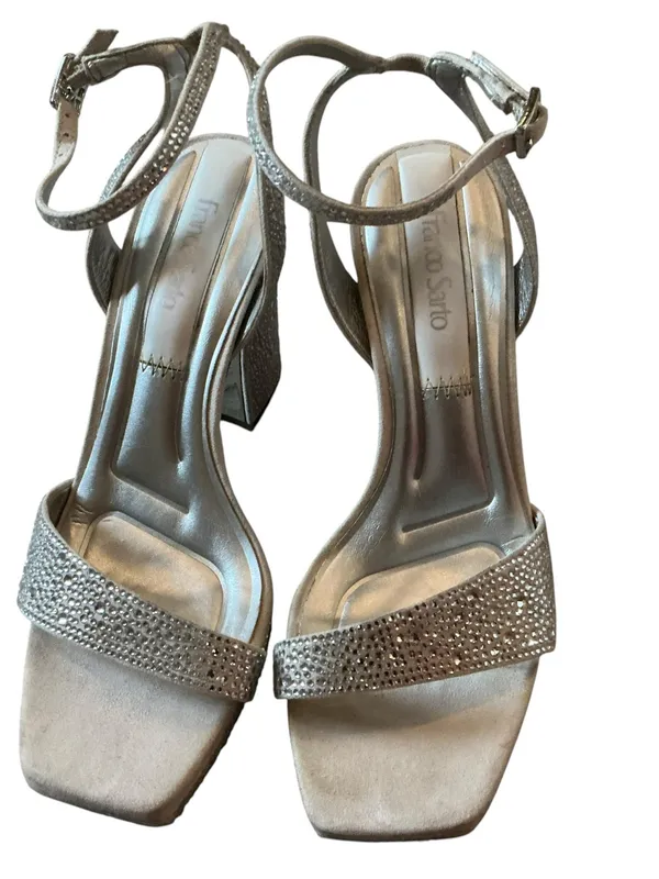 Franco Sarto women’s L-Daffy ankle strap heeled sandals metallic silver w stones - Image 4