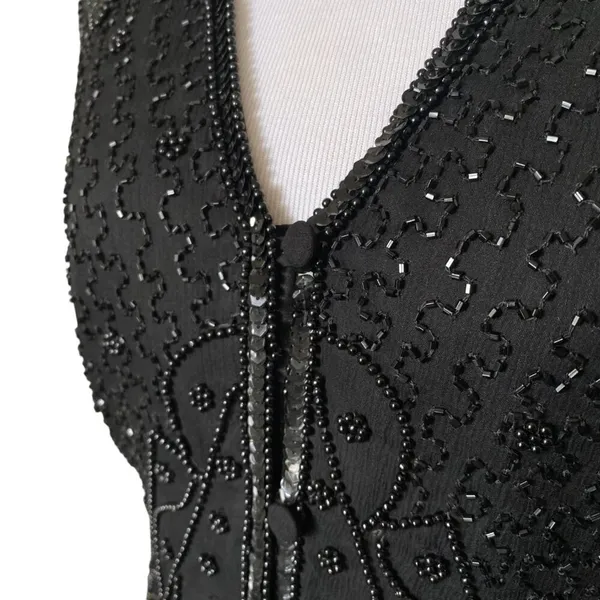 Vintage Silk Beaded Sequin Waistcoat Vest Black - Image 5