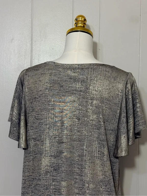 By Anthropologie Shimmer Knit Flutter Sleeve Metallic Top Silver XL - Image 9