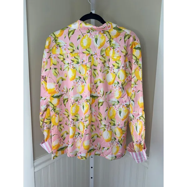 Pink Lemon Print Pajama Set Button Down Long Sleeve Pants Small - Image 4