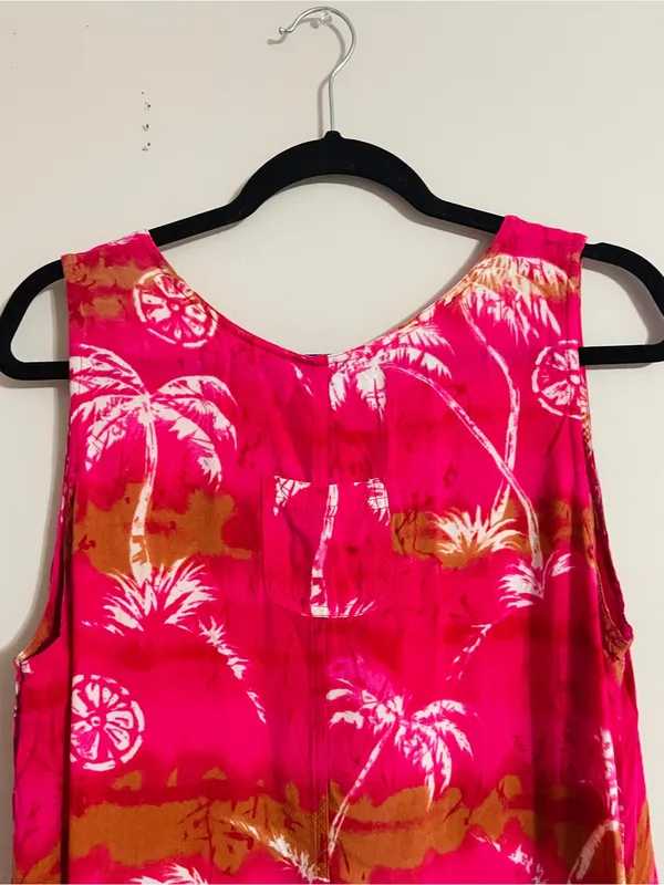 Vtg Desert Jems Hawaiian Boho Maxi Dress Rayon L Tropical 90s Pink Palm Print - Image 8