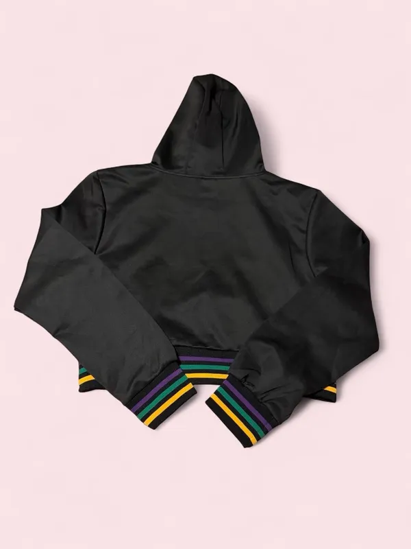 Boutique Black Cropped Mardi Gras Hoodie with Purple Green Gold Accents - Image 2