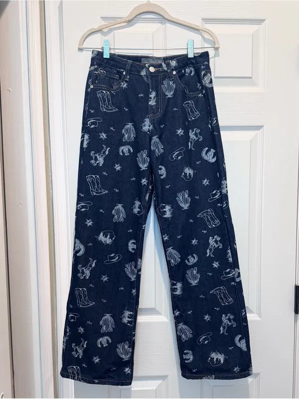 Cali 1850 Western Print Wide Leg Crop Ankle Sark Wash Denim Jeans Size 26/3 - Image 6