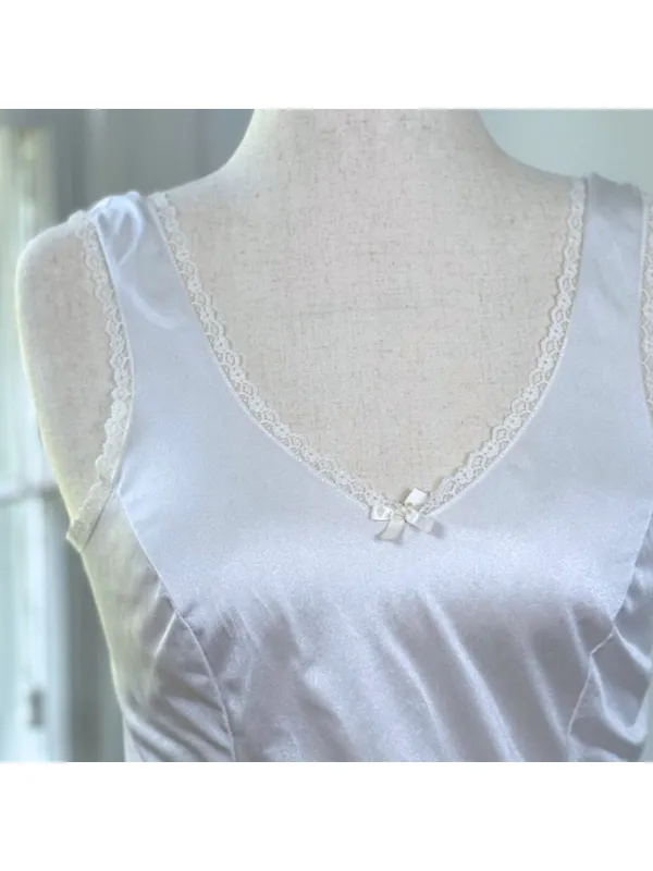Vintage Velrose Coquette White Satin Camisole Medium Slip Top Lace Bow Bridal - Image 2