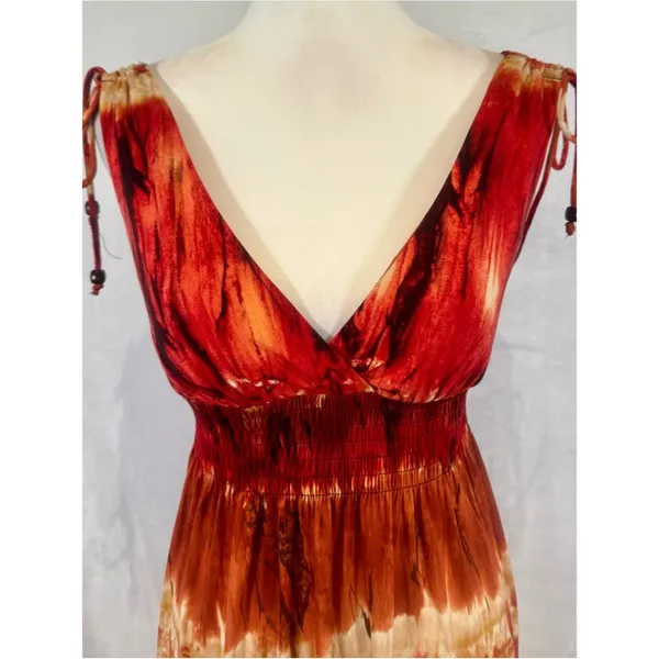 Bisou Bisou burnt orange abstract print smocked maxi dress size 4 - Image 3