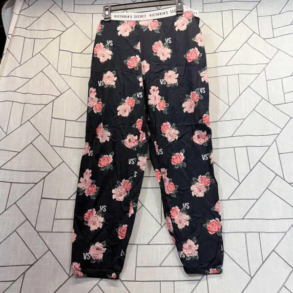 Victoria's‎ Secret Pajama Pants Large Black Pink Rose Floral Logo Waistband - Image 2