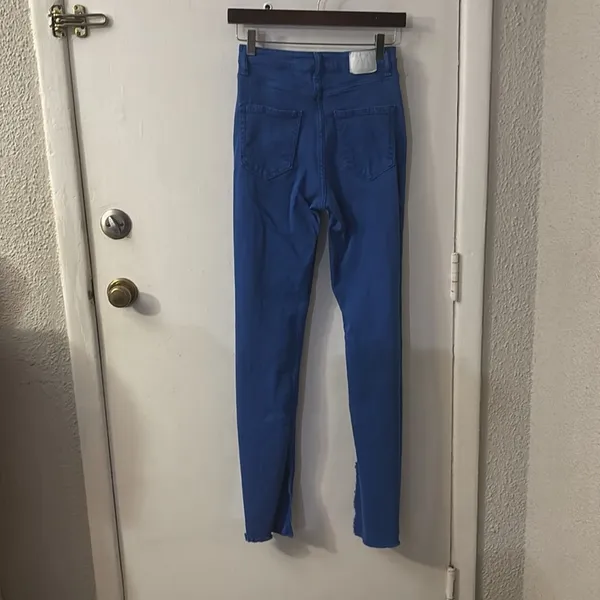 ZARA Straight Leg Jeans 2 High Rise Hem Slit Frayed Cobalt Blue Denim Casual - Image 4