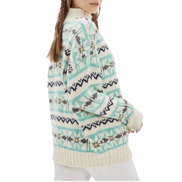 American Eagle Fair Isle Snowflake Sweater Womens‎ Small Teal Cream Knit Boho - Image 2