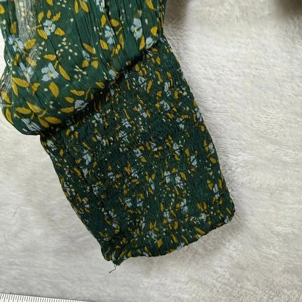 Free People Dark Green Floral Smocked Mock Neck Blouse OB1069086 M - Image 11