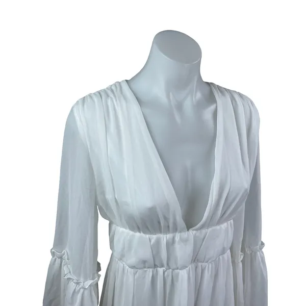 Miss Ord Women's White Deep V Neck Long Sleeve Tiered Mini Flare A-Line Dress XS - Image 4