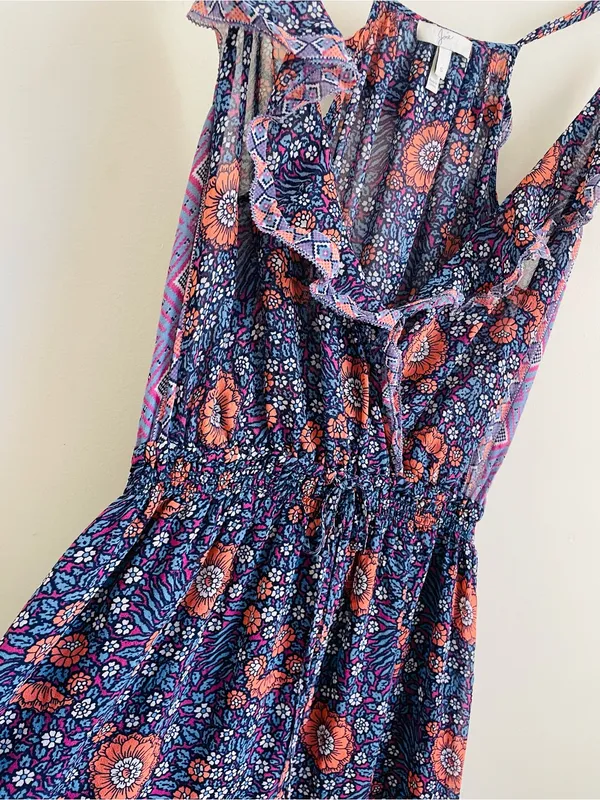 Joie Silk Floral Maxi Dress size S Boho Ruffle Strappy Blue Purple - Image 6