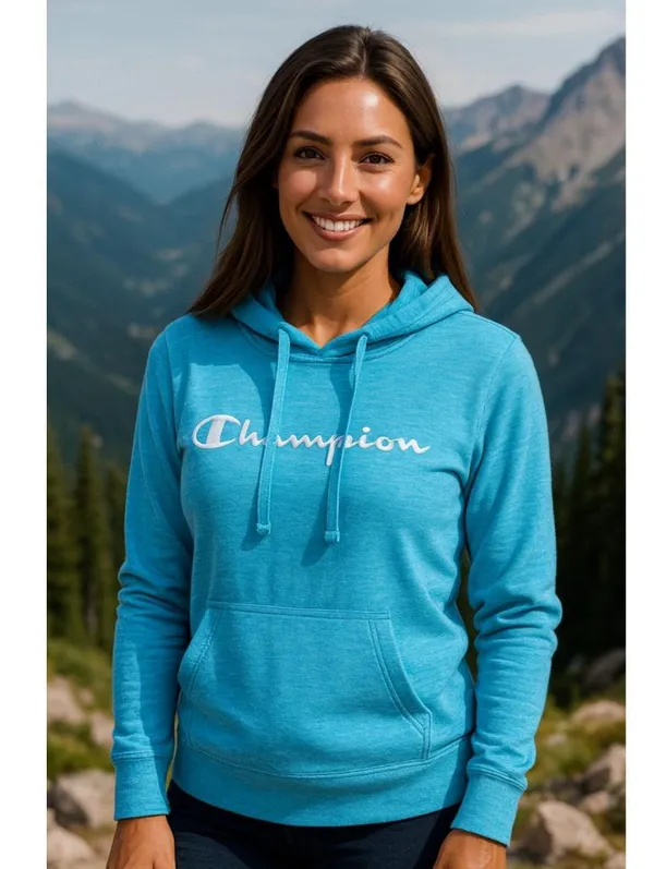 Champion Logo Hoodie Blue Lightweight Causal Athleisure L Hiking Granola Workout - Image 2