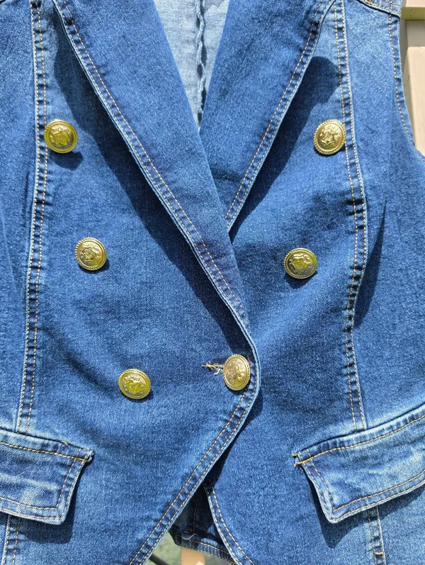 Double-Breasted Denim Vest in Dark Blue with Gold Buttons Small - Image 2