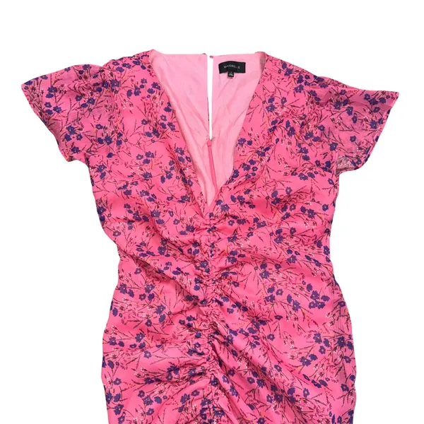 Majorelle Elaine Floral Midi Dress Women Size M Pink Excellent Ruched Ruffle Hem - Image 5