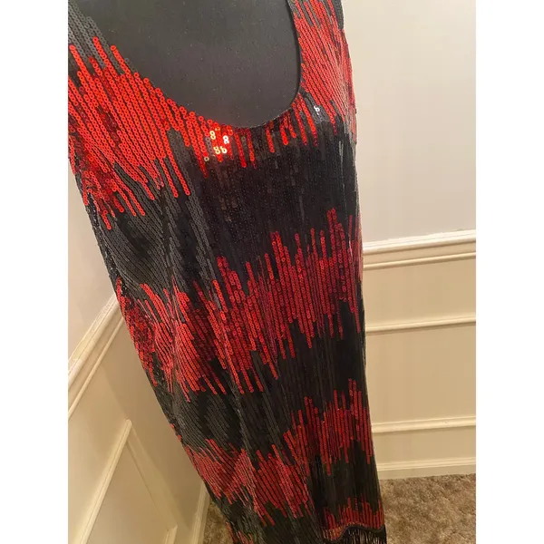 Jerry Beck Red & Black Sequin Flapper Dress Fringe Roaring 1920s Gatsby Costume - Image 2